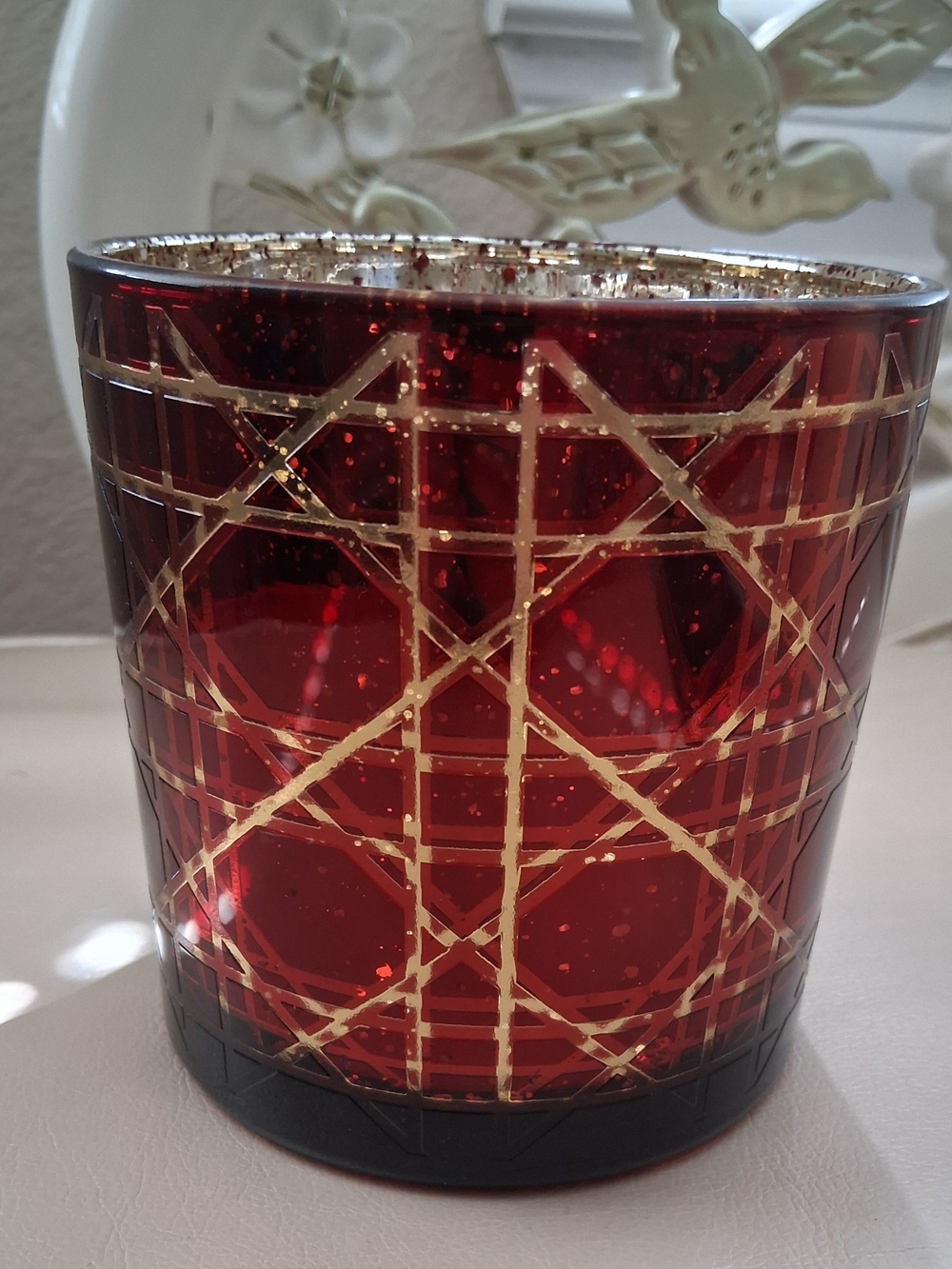 Red Glass Candle Holder with Gold Geometric Design